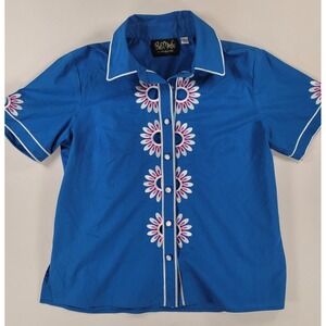 Bob Mackie Wearable Art Floral Cutout Button Front Shirt Blue Small